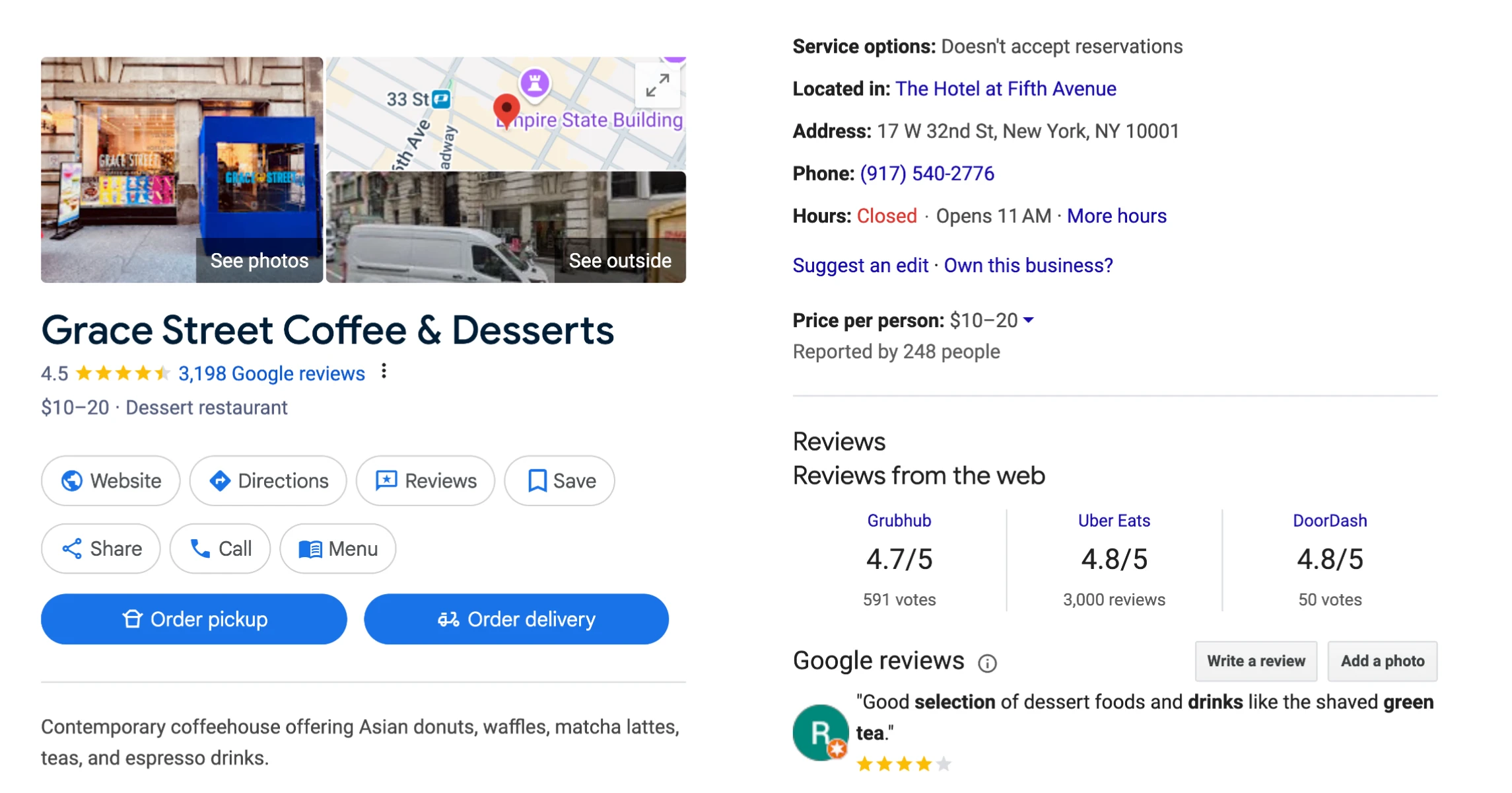 A screenshot of business information available under Grace Street Coffee & Dessert cafe local search result