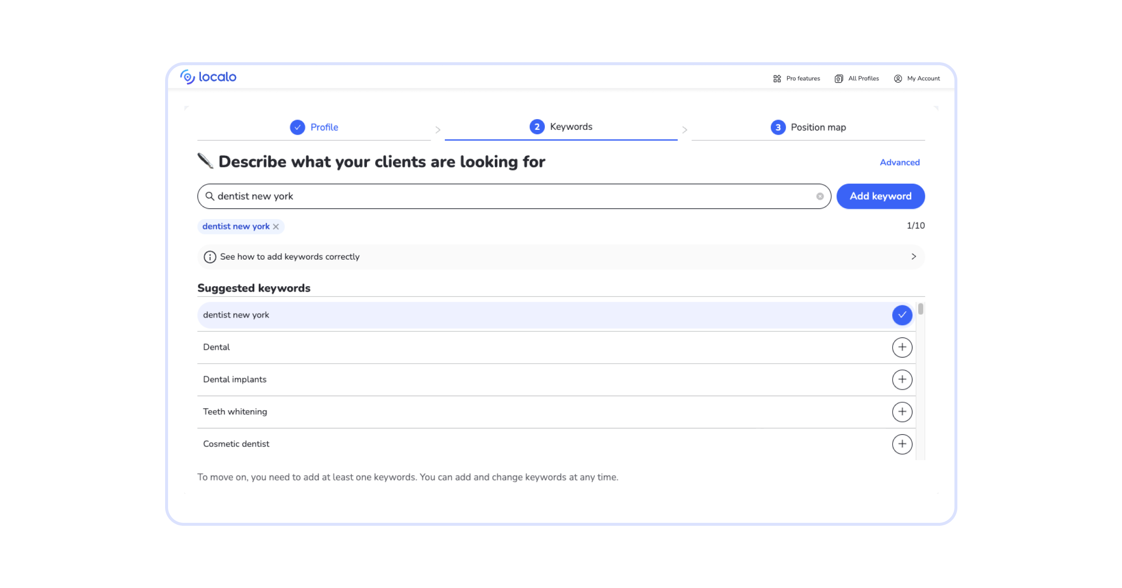 Vorschläge für lokale Keywords in Localo