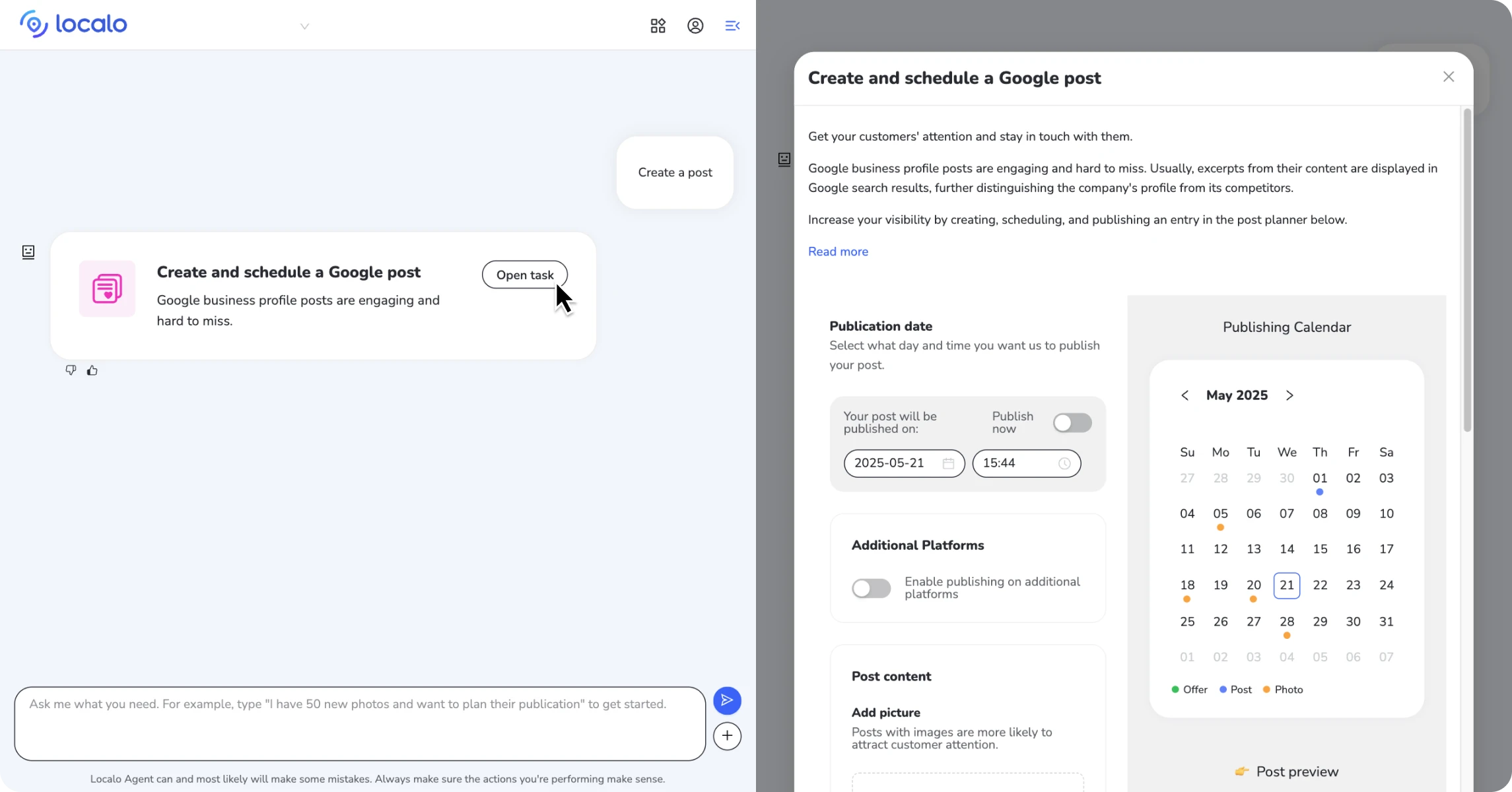 SCREENSHOTS of 1. a prompt triggering a smart task in AI Agent and 2. Inside the Google post Smart Task to show the step-by-step instructions