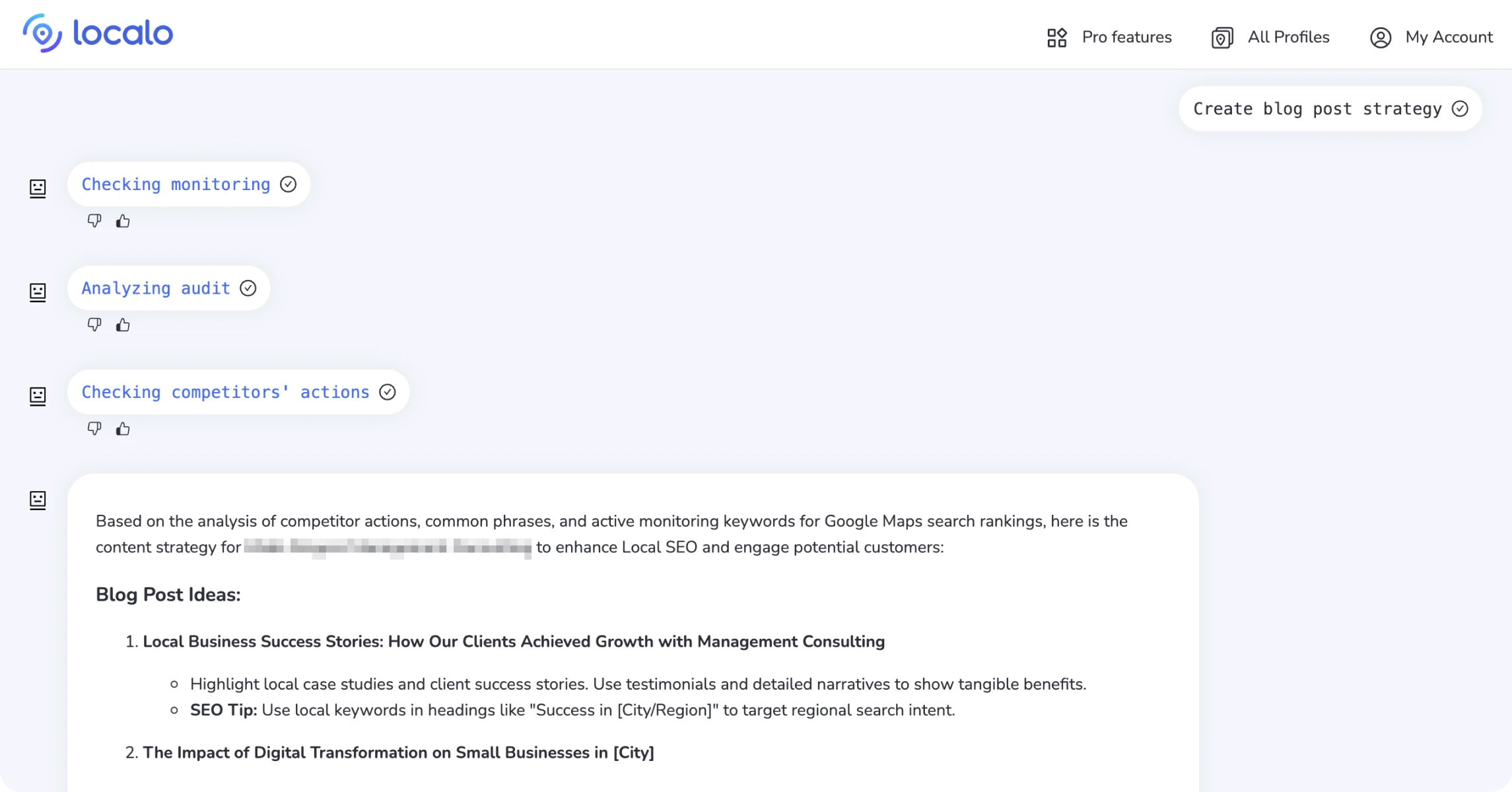 SCREENSHOT of the output after using the Create blog post strategy prompt for GBP Y